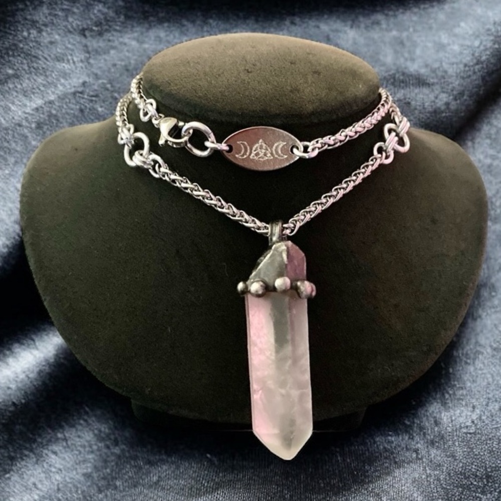 Natural raw clear crystal quartz gemstone boho goth stone charm steel necklace - Picture 6 of 16